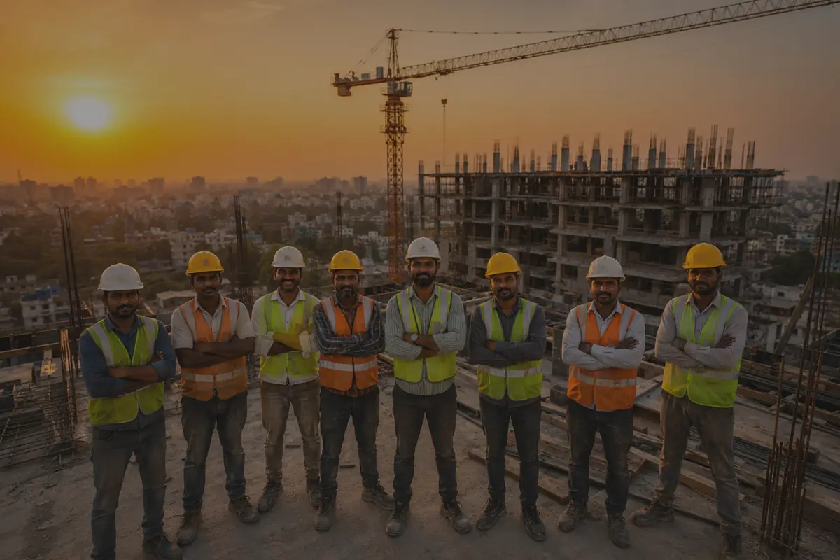 Construction team wearing safety helmets at a work site