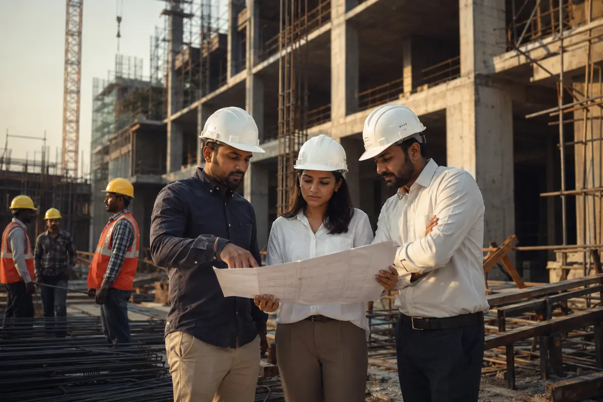 Project team reviewing construction drawings on site